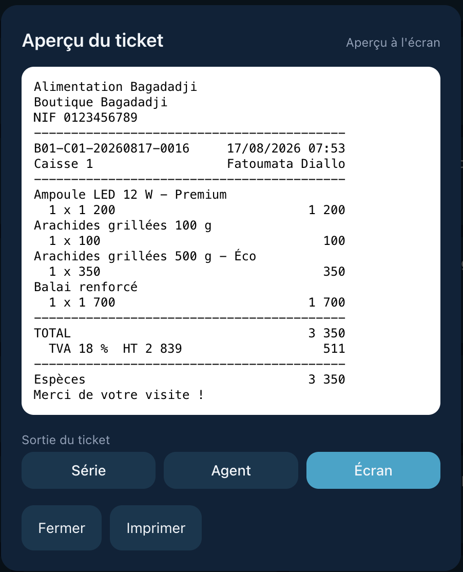 L'aperçu du ticket et le choix de la sortie d'impression.