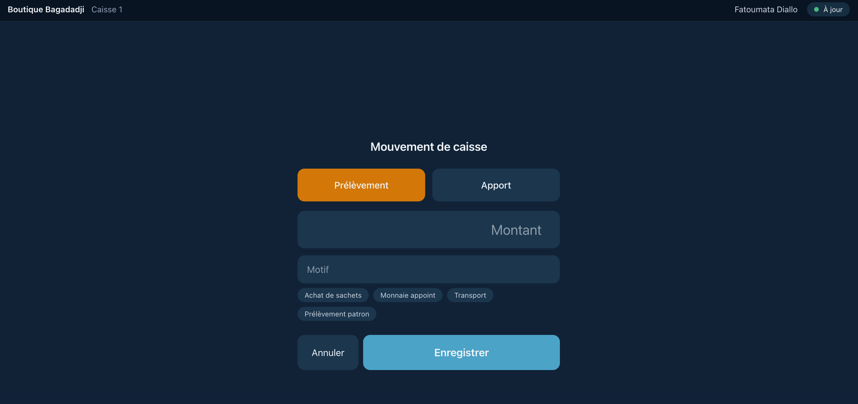 La saisie d'un apport ou d'un prélèvement, avec son motif.